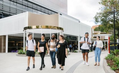 A group of students walks on the St Lucia campus